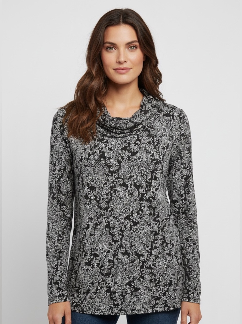 croft & barrow Black and White Paisley Cowl Neck Sweater